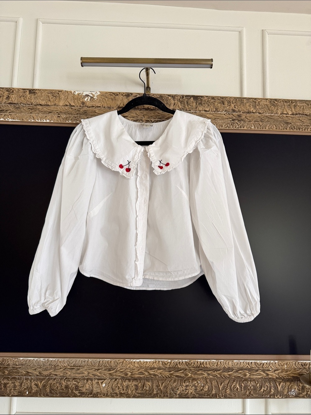 Maeve White Button-Front Blouse with Embroidered Cherry Collar